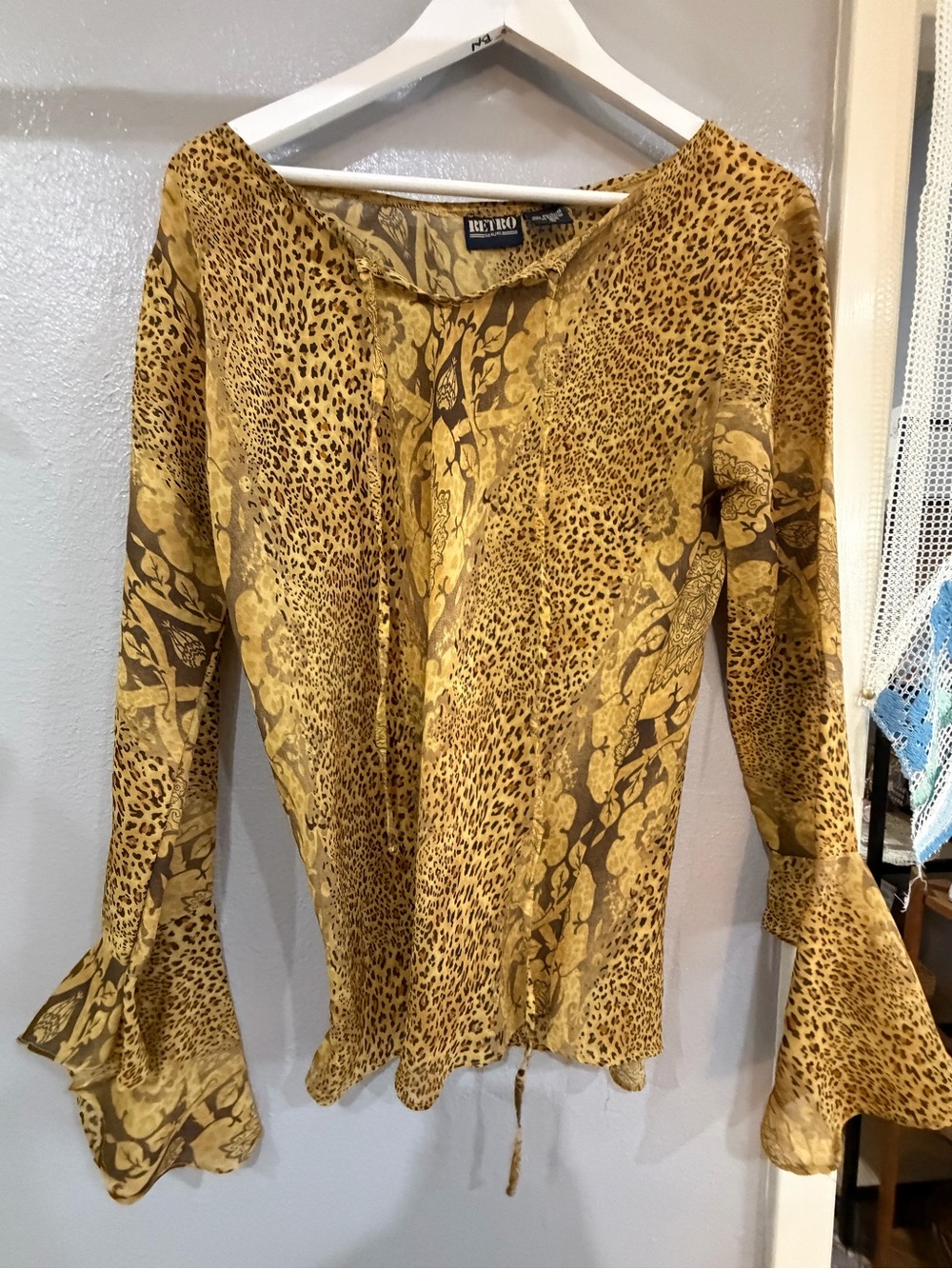 Retro Mustard Yellow Animal-Print Long Sleeve Blouse